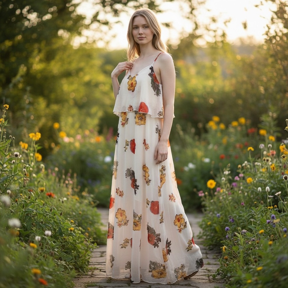 Romeo & Juliet Couture White‎ Floral Hibiscus Ruffle Popover Maxi Dress Medium